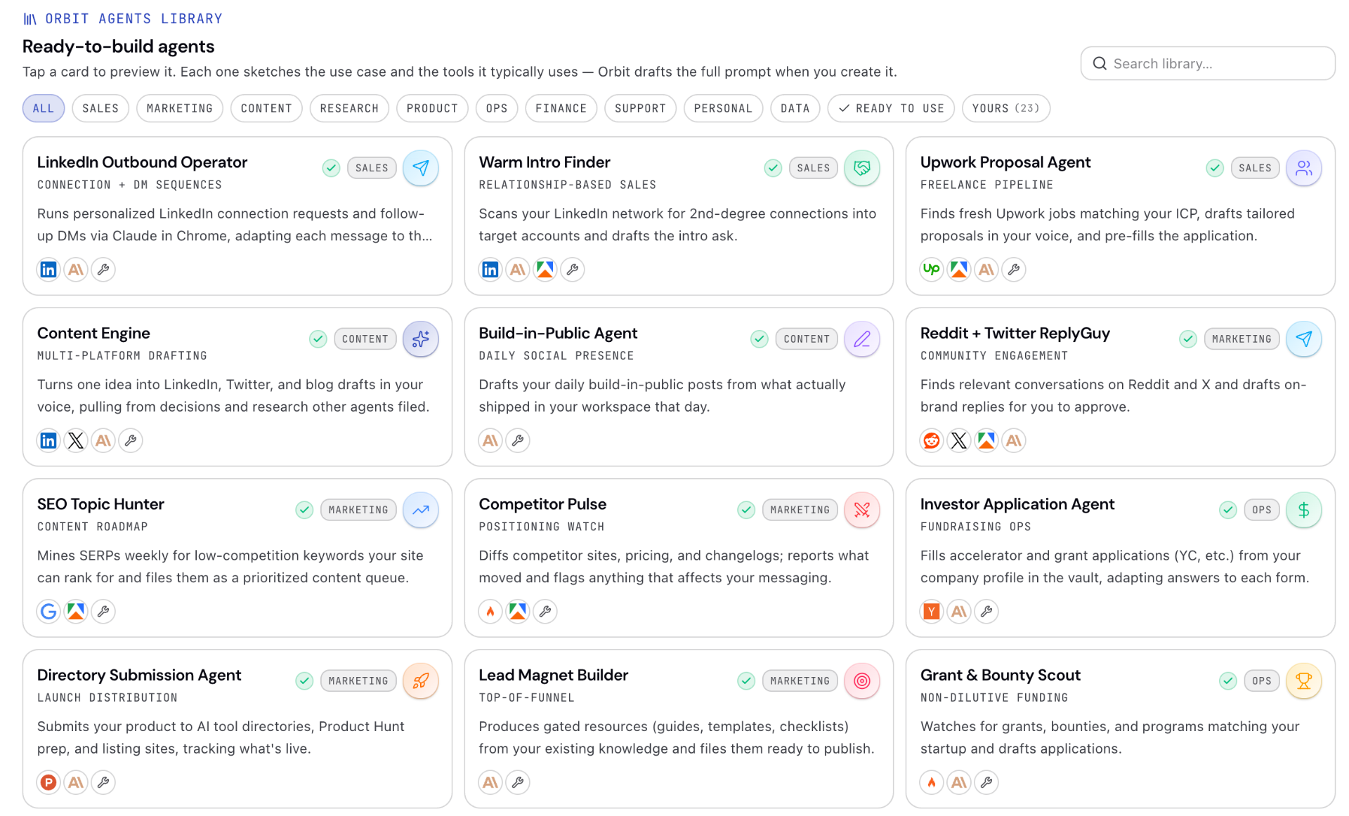 Orbit agents library — ready-to-build agents across Sales, Marketing, Content, Ops and more