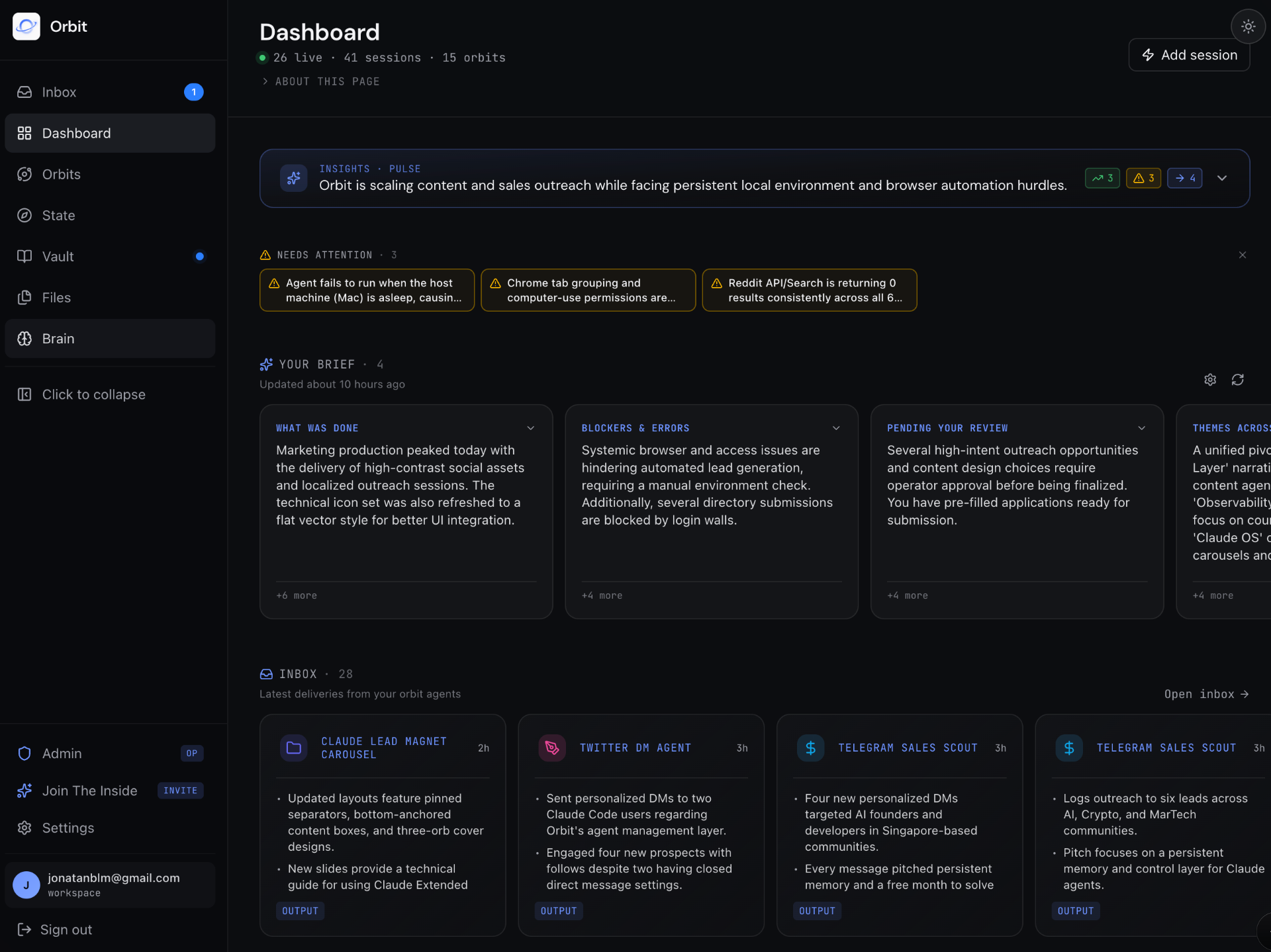 Orbit dashboard — daily brief, inbox, and live agent activity