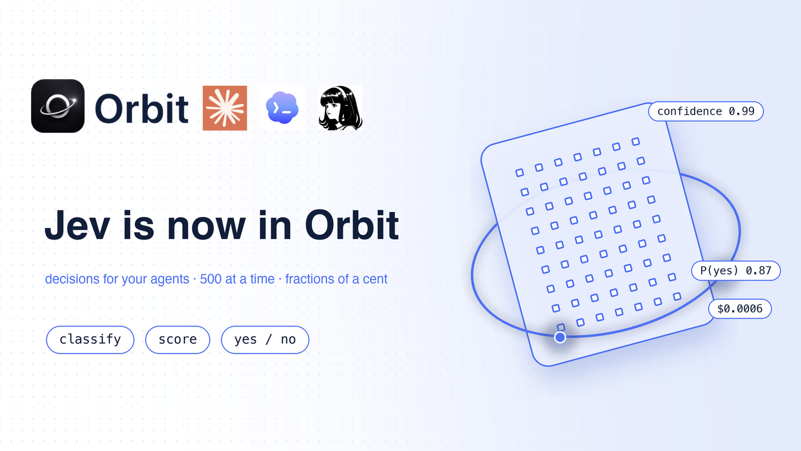 Jev AI model now available as a tool in Orbit: classify, score and yes or no decisions for AI agents