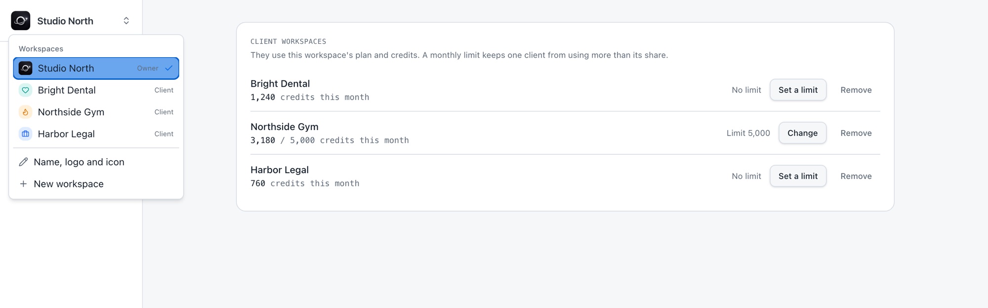The Orbit workspace menu listing a main workspace and three client workspaces, next to a card showing each client's credits this month.