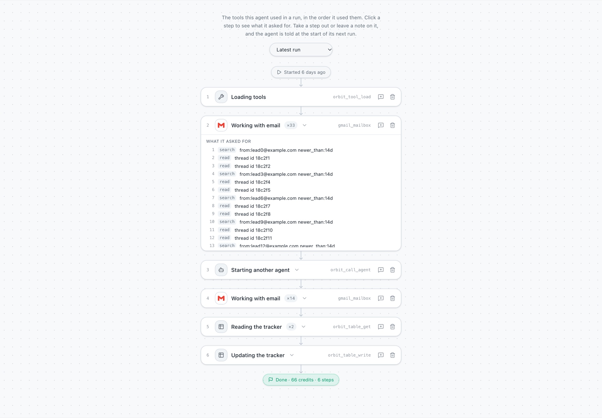 The Sequence tab showing a run's steps in order, with one step opened to list every search and read it made.