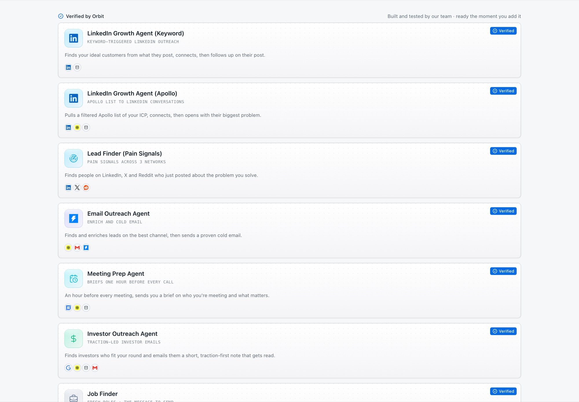 The Marketplace's Verified by Orbit section listing ready-made agents with a Verified mark.