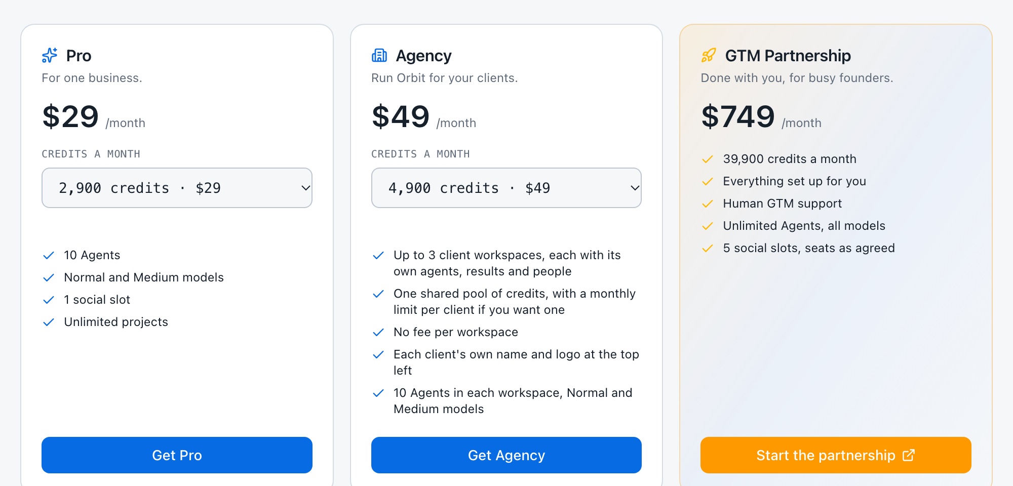 Orbit's three plan lanes: Pro from $29, Agency from $49 and GTM Partnership at $749 a month.