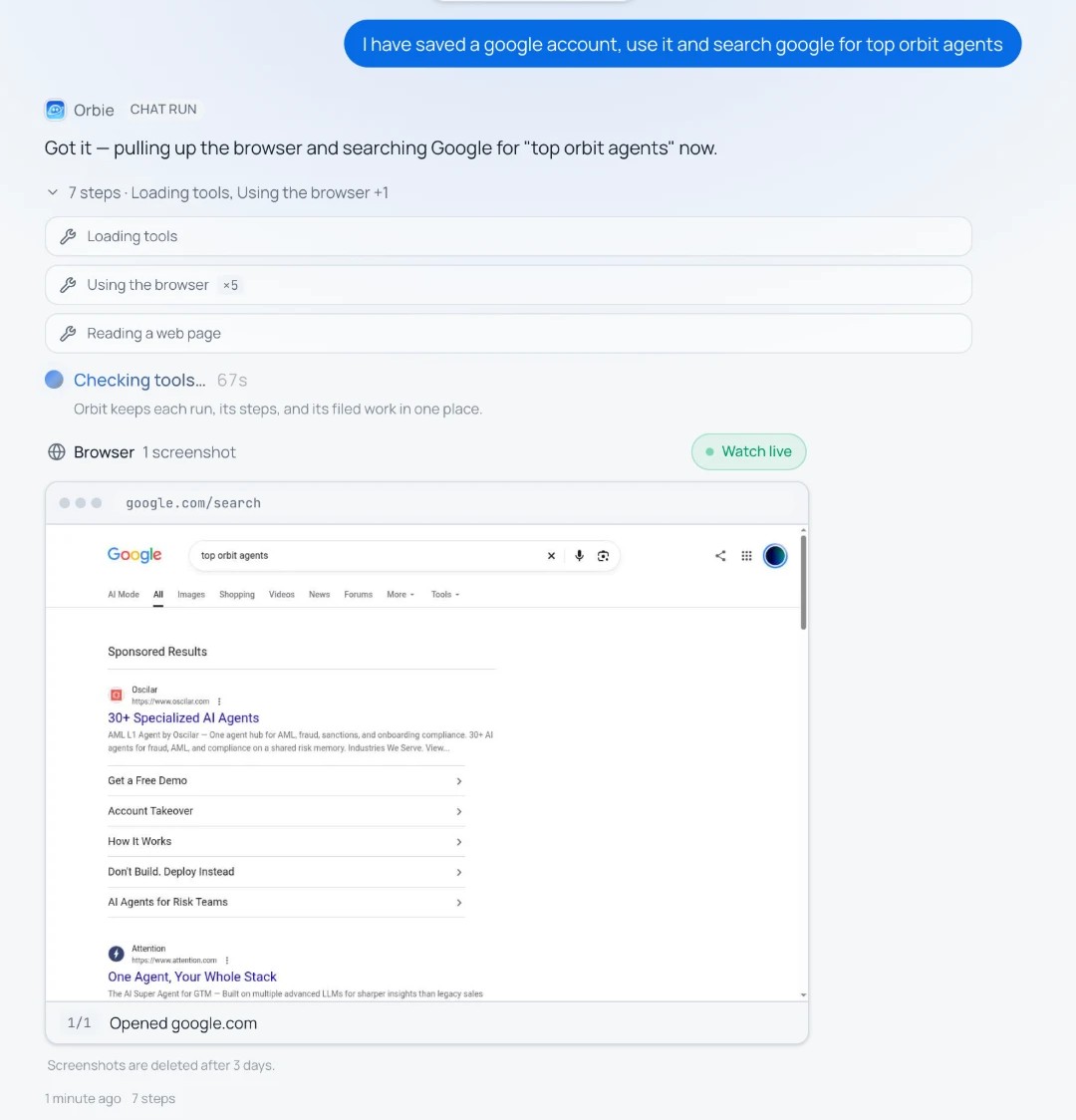 Orbie in Work mode running a Google search in the browser as a saved Google account, with the page shown in the chat and a Watch live button.