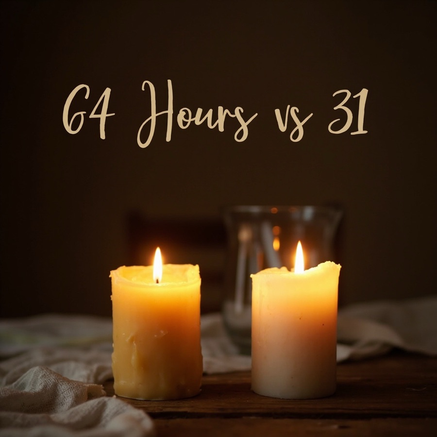 A tall beeswax candle next to a burned-down paraffin candle, headline 64 Hours vs 31