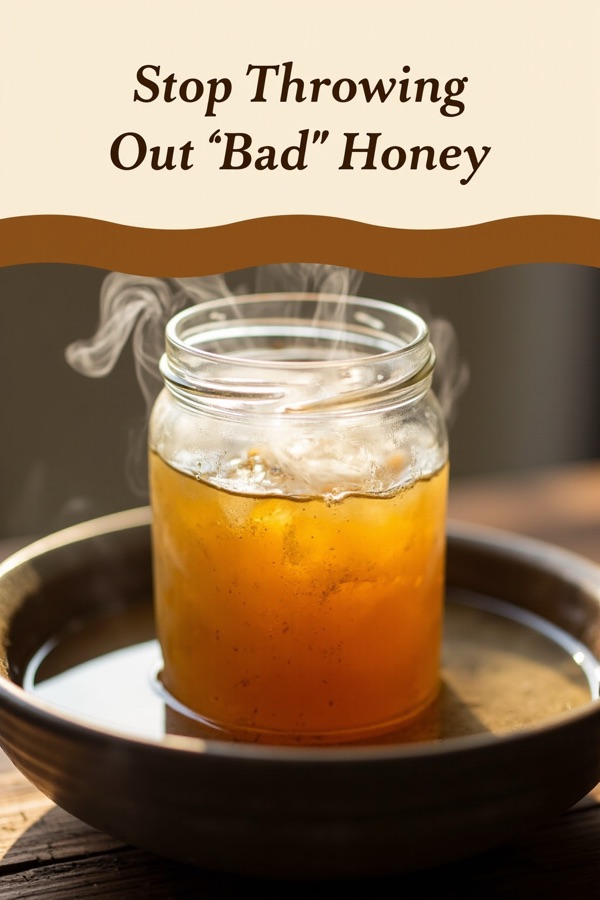 A plain jar of honey sitting in a bowl of warm water, headline Stop Throwing Out Bad Honey