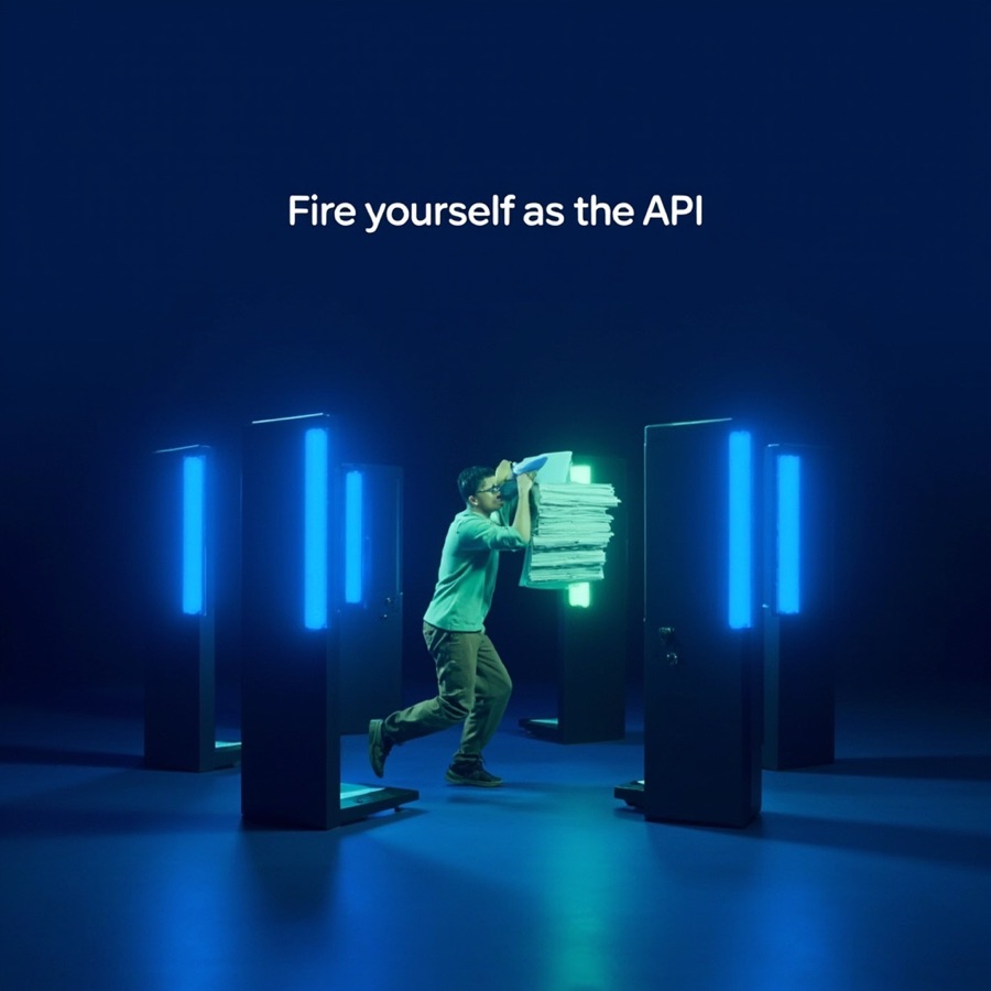 A person carrying a stack of papers between four glowing screens, headline Fire yourself as the API