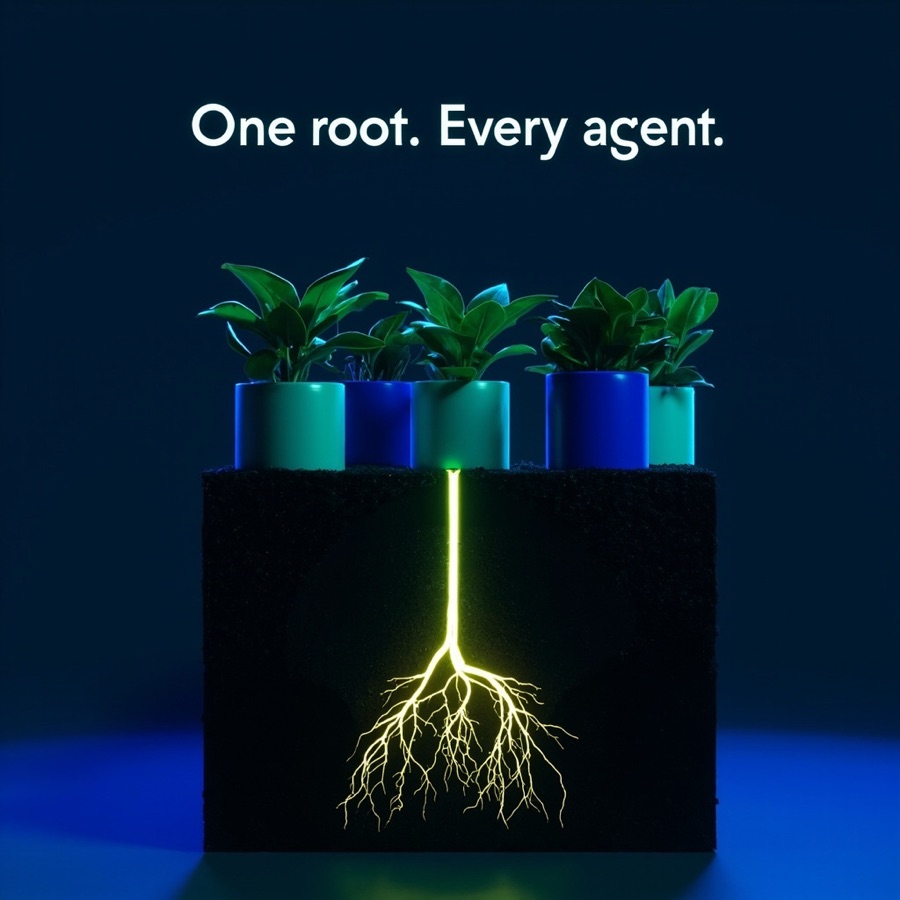 Four potted plants fed by one glowing root, headline One root. Every agent.