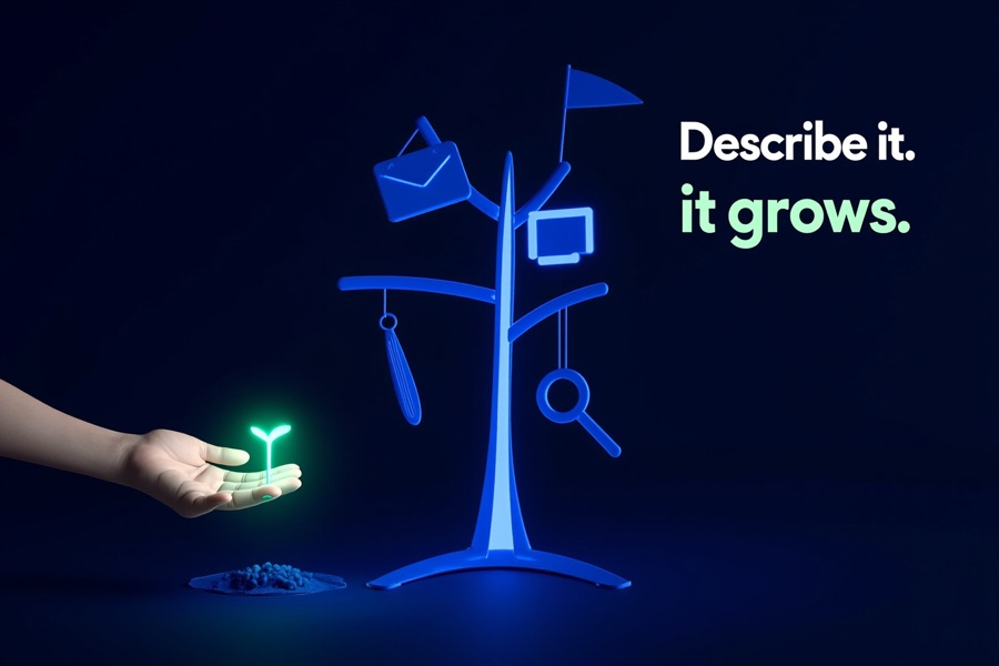 A hand holding a glowing sprout next to a tree that grows an envelope, a magnifier and a flag, headline Describe it. It grows.